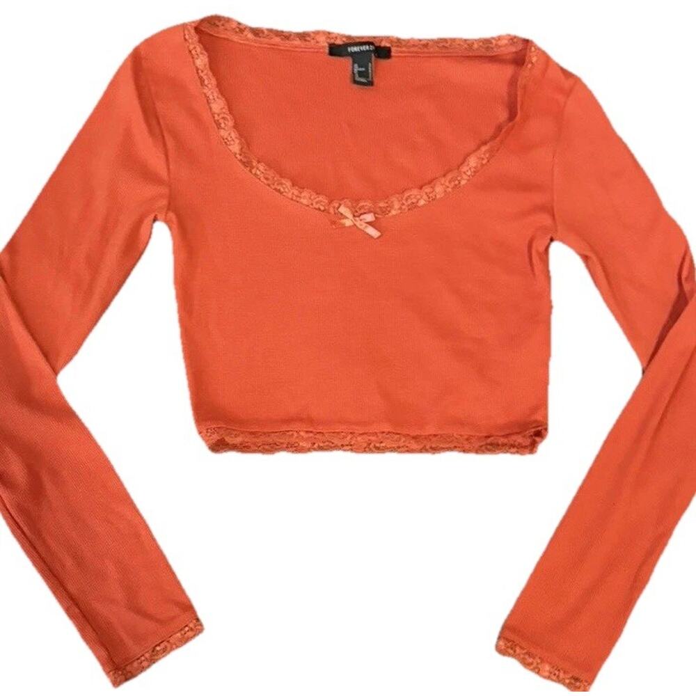 Forever 21 Long Sleeve Ribbed Lace Trim Orange Crop Top Tee Shirt Women S Y2K
